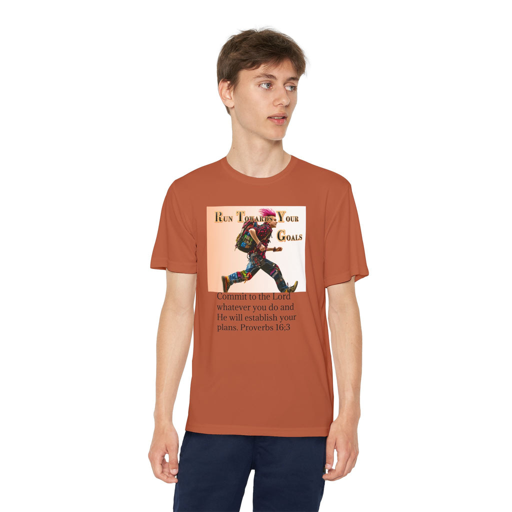 Youth Competitor Tee - 'Run Towards Your Goals' Inspirational Christian Kids Shirt (Proverbs 16:3, Never Give Up)