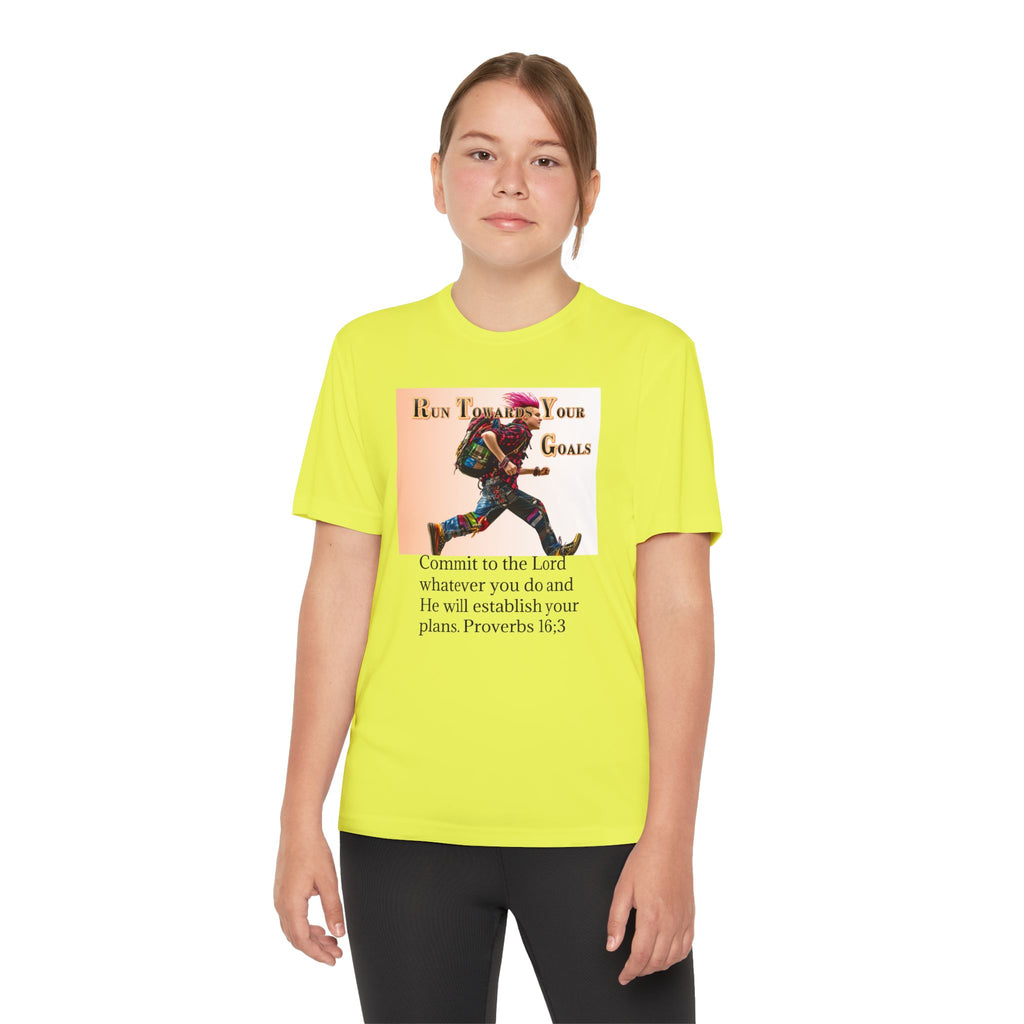 Youth Competitor Tee - 'Run Towards Your Goals' Inspirational Christian Kids Shirt (Proverbs 16:3, Never Give Up)