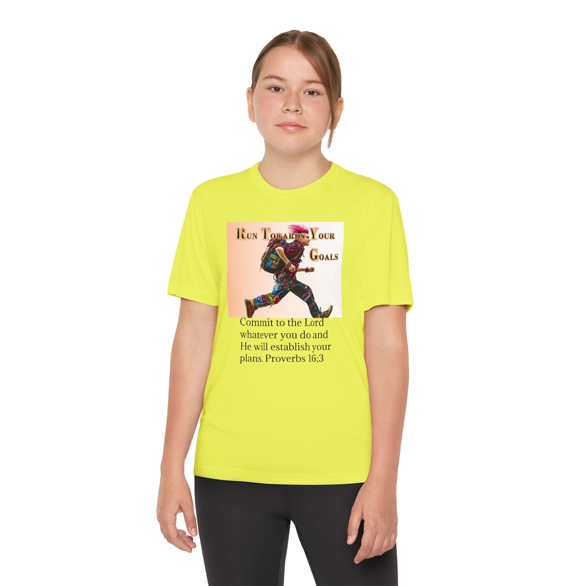 Youth Competitor Tee - 'Run Towards Your Goals' Inspirational Christian Kids Shirt (Proverbs 16:3, Never Give Up)